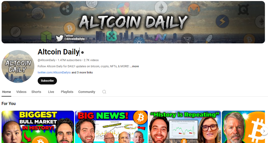 Página inicial do YouTube do Altcoin Daily