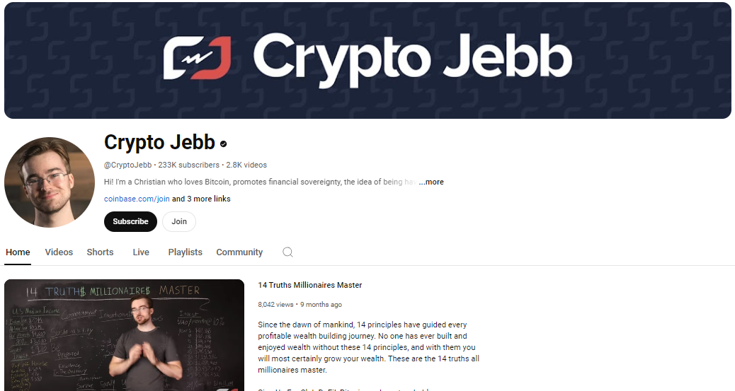 Página inicial do canal Crypto Jebb no YouTube