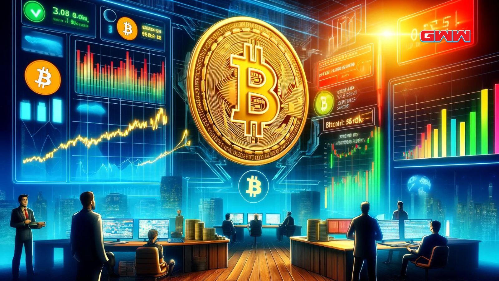 A vibrant digital scene depicting Bitcoin price holding strong at $66,900