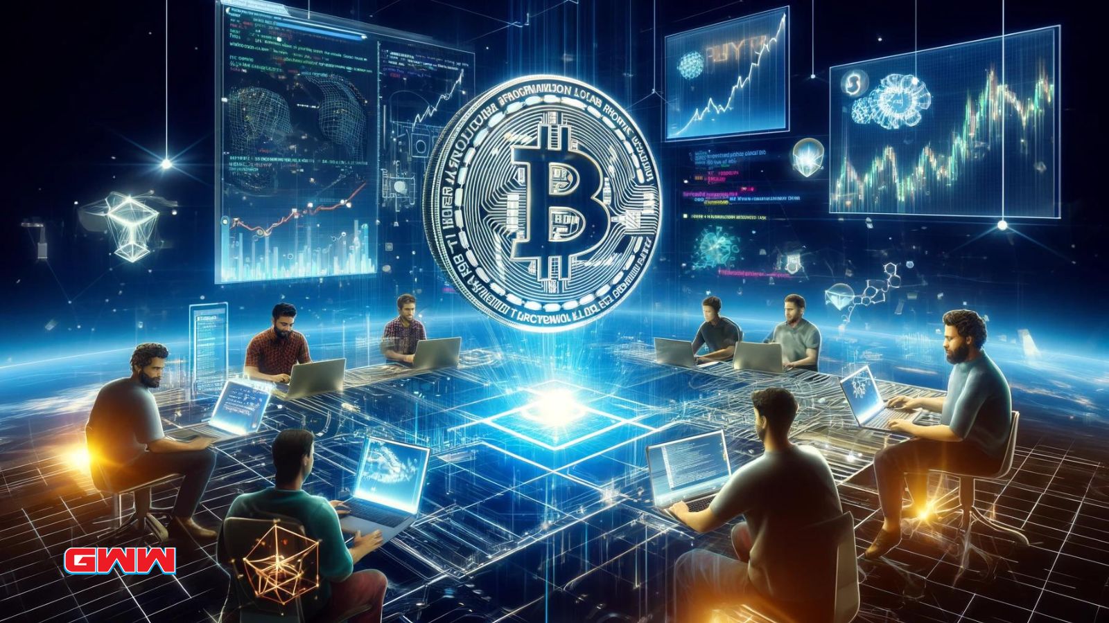 A futuristic scene showing Bitcoin developers emphasizing programmability as the catalyst for the next rally