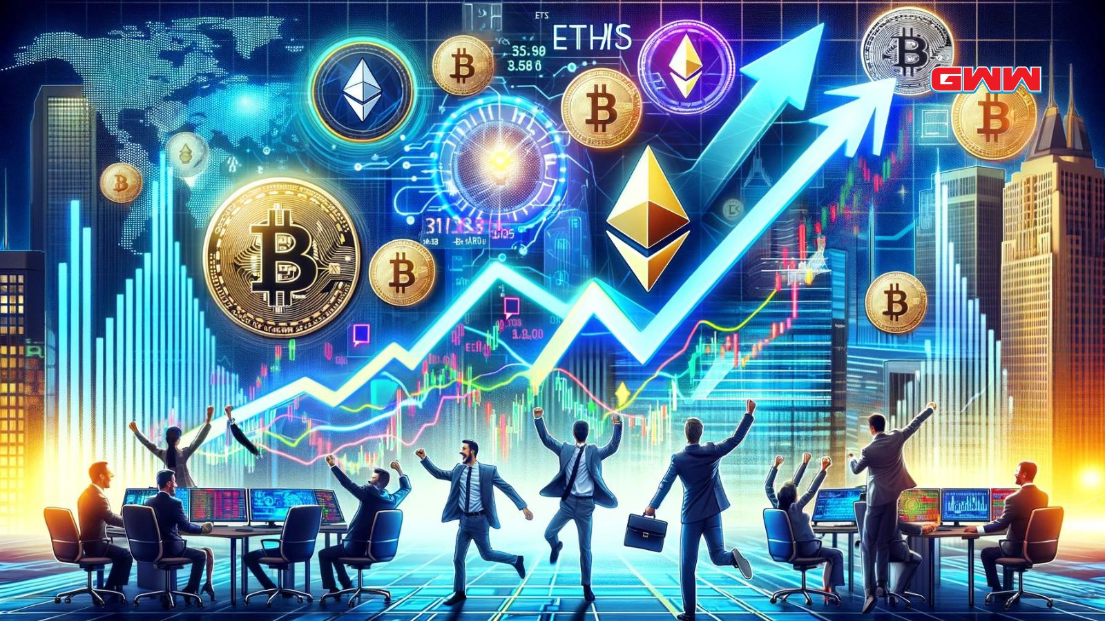 A vibrant financial picture showing optimism in the cryptocurrency market as investors become bullish on Ether ETFs