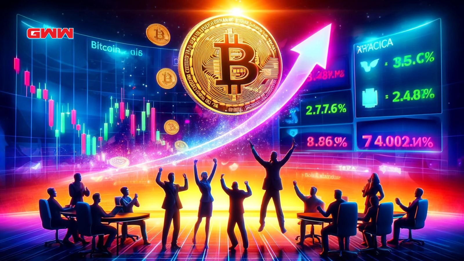 A vibrant scene depicting Bitcoin surpassing $68K and Solana leading the crypto rally with a 7% gain