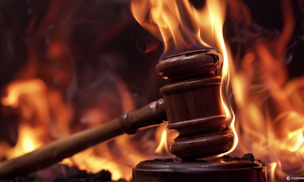 An image of a gavel on fire.