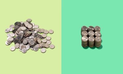 2 piles of 200 US Quarter Dollar coins, one on left, messy on light green, one on right in 9 neat stacks on darker green background; finances in order startup acquisition tips