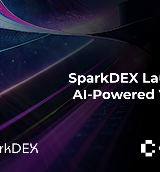 Abstract futuristic background with flowing blue and purple light streams. Text overlay reads 'SparkDEX Launches AI-Powered V3 DEX'. SparkDEX and CryptoNews logos at bottom.